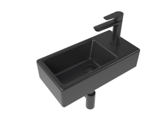 Koupelnový set pravého závěsného umývátka Brevis 40,5 cm, pákové baterie, sifonu, průtočné zátky a roháčků v černé barvě KSETBRE2PBKM