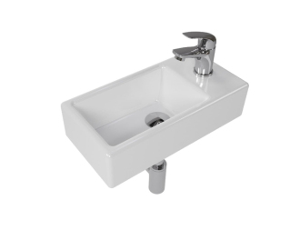 Koupelnový set pravého závěsného umývátka Brevis 40,5 cm, pákové baterie, sifonu, průtočné zátky a roháčků KSETBRE2P