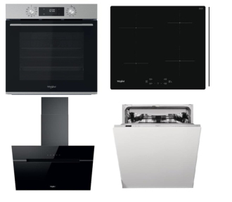 Akční set spotřebičů Whirlpool trouba OMK58CU1SX + indukční deska WSQ7360NE + komínový odsavač par WHVP62FLTSK + vestavná myčka nádobí WIC3C26F SETWH2