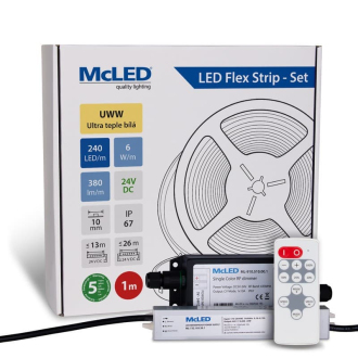 McLED  LED pásek - sada 1 m + Přijímač Nano IP67, 240 LED/m, UWW, 6 W/m, DC 24V, 380 lm/m, CRI90, IP67, 10 mm, vodič 3 m ML-126.036.90.S01002