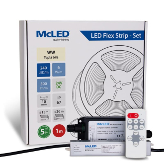 McLED  LED pásek - sada 1 m + Přijímač Nano IP67, 240 LED/m, WW, 6 W/m, DC 24V, 500 lm/m, CRI90, IP67, 10 mm, vodič 3 m ML-126.034.90.S01002