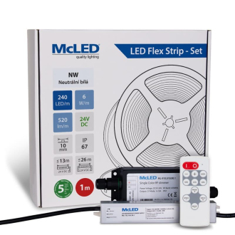 McLED  LED pásek - sada 1 m + Přijímač Nano IP67, 240 LED/m, NW, 6 W/m, DC 24V, 520 lm/m, CRI90, IP67, 10 mm, vodič 3 m ML-126.033.90.S01002