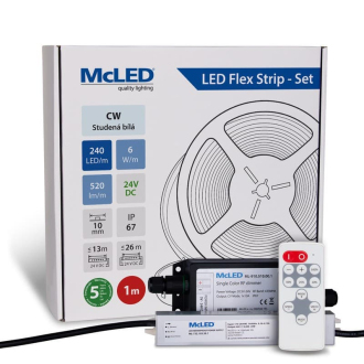 McLED  LED pásek - sada 1 m + Přijímač Nano IP67, 240 LED/m, CW, 6 W/m, DC 24V, 520 lm/m, CRI90, IP67, 10 mm, vodič 3 m ML-126.032.90.S01002