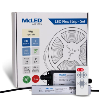 McLED  LED pásek - sada 5 m + Přijímač Nano IP67, 240 LED/m, WW, 6 W/m, DC 24V, 500 lm/m, CRI90, IP67, 10 mm, vodič 3 m ML-126.034.90.S05002