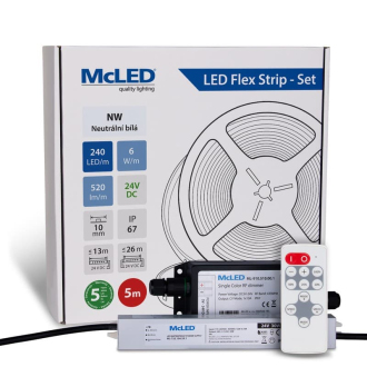 McLED  LED pásek - sada 5 m + Přijímač Nano IP67, 240 LED/m, NW, 6 W/m, DC 24V, 520 lm/m, CRI90, IP67, 10 mm, vodič 3 m ML-126.033.90.S05002