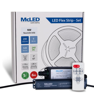 McLED  LED pásek - sada 6 m + Přijímač Nano IP67, 240 LED/m, NW, 6 W/m, DC 24V, 520 lm/m, CRI90, IP67, 10 mm, vodič 3 m ML-126.033.90.S06002