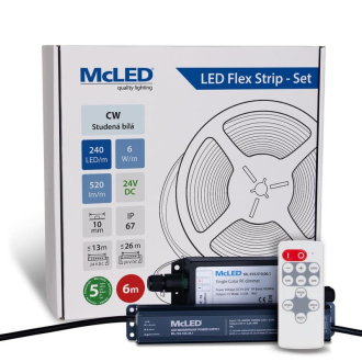 McLED  LED pásek - sada 6 m + Přijímač Nano IP67, 240 LED/m, CW, 6 W/m, DC 24V, 520 lm/m, CRI90, IP67, 10 mm, vodič 3 m ML-126.032.90.S06002