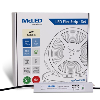 McLED  LED pásek - sada 4 m, 240 LED/m, WW, 6 W/m, DC 24V, 500 lm/m, CRI90, IP67, 10 mm, vodič 3 m ML-126.034.90.S04001
