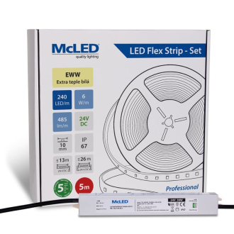 McLED  LED pásek - sada 5 m, 240 LED/m, EWW, 6 W/m, DC 24V, 485 lm/m, CRI90, IP67, 10 mm, vodič 3 m ML-126.035.90.S05001
