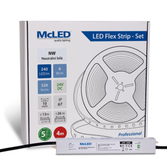 McLED  LED pásek - sada 4 m, 240 LED/m, NW, 6 W/m, DC 24V, 520 lm/m, CRI90, IP67, 10 mm, vodič 3 m ML-126.033.90.S04001