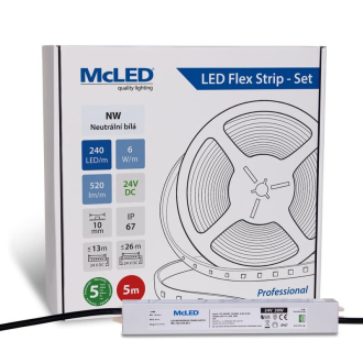 McLED  LED pásek - sada 5 m, 240 LED/m, NW, 6 W/m, DC 24V, 520 lm/m, CRI90, IP67, 10 mm, vodič 3 m ML-126.033.90.S05001