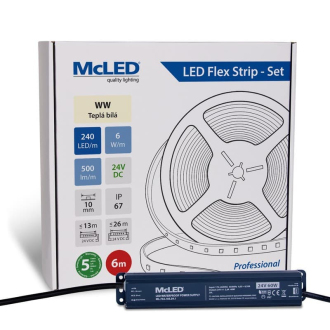 McLED  LED pásek - sada 6 m, 240 LED/m, WW, 6 W/m, DC 24V, 500 lm/m, CRI90, IP67, 10 mm, vodič 3 m ML-126.034.90.S06001