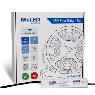 McLED  LED pásek - sada 2 m, 240 LED/m, CW, 6 W/m, DC 24V, 520 lm/m, CRI90, IP67, 10 mm, vodič 3 m ML-126.032.90.S02001