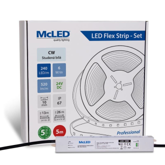 McLED  LED pásek - sada 5 m, 240 LED/m, CW, 6 W/m, DC 24V, 520 lm/m, CRI90, IP67, 10 mm, vodič 3 m ML-126.032.90.S05001
