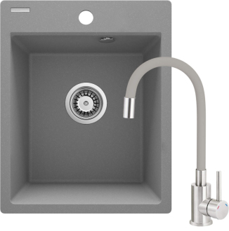 Deante set: granitový dřez, šedá metalíza + dřezová baterie, ocel-šedá + přísl. ZRCPS103