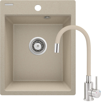 Deante set: granitový dřez písková + dřezová baterie, ocel-béžová + příslušenství ZRCP7103