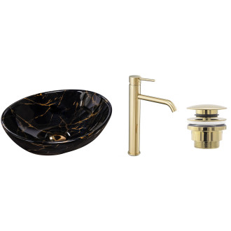 Rea Set umyvadla Sofia Mramorová černá + vysoká baterie Lungo l. zlatá + zátka KPL-09994
