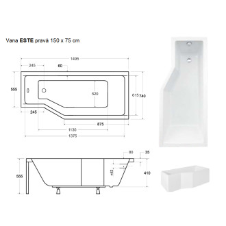 vana ESTE 150x74 cm, pravá  VANEST15P