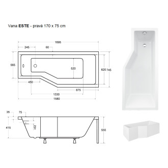 vana ESTE 170x75 cm, pravá  VANEST17P