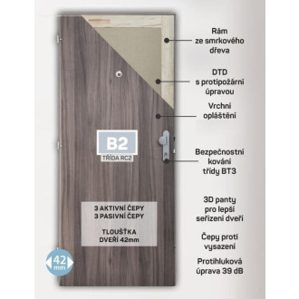 Bezpečnostní vchodové RC2 dveře Naturel Technické pravé 90 cm jilm B2J90P