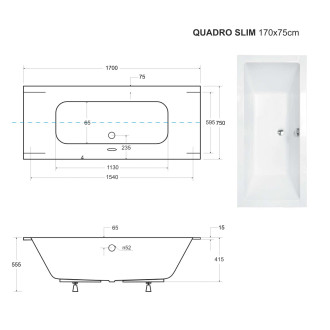 BESCO vana QUADRO SLIM 170 (1700x750 mm), bez nožiček VANQAUD170SLIM