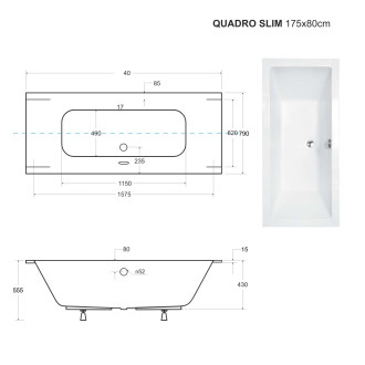 Obdélníková vana QUADRO SLIM - 175 x 80 cm, s nožičkami