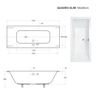 BESCO vana QUADRO SLIM 180 (1800x800 mm), bez nožiček VANQAUD180SLIM