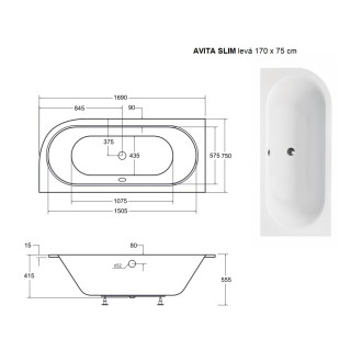 BESCO vana AVITA SLIM 170 (1700x750 mm), levé provedení, bez nožiček VANAVIT170SLIML
