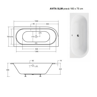 BESCO vana AVITA SLIM 160 (1600x750 mm), pravé provedení, bez nožiček VANAVIT160SLIMP