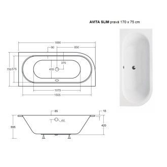 BESCO vana AVITA SLIM 170 (1700x750 mm), pravé provedení, bez nožiček VANAVIT170SLIMP