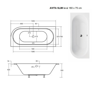 Asymetrická vana AVITA SLIM - 160 x 75 cm, Levé, s nožičkami