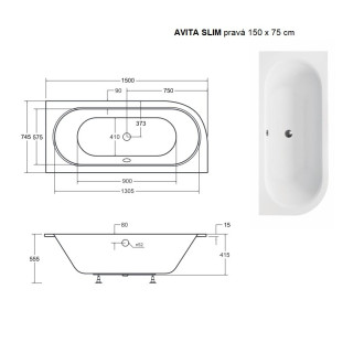 BESCO vana AVITA SLIM 150 (1500x750 mm), pravé provedení, bez nožiček VANAVIT150SLIMP