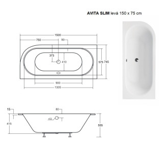 Asymetrická vana AVITA SLIM - 150 x 75 cm, Levé, s nožičkami