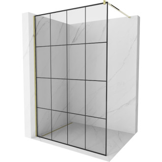 Sprchová stěna Mexen Kioto 130x200 cm, transparent/černý vzor 8, zlatá 800-130-101-50-77
