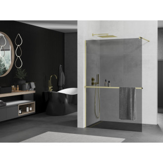 Mexen KIOTO+ zástěna Walk-in s policí a držákem 90x200, grafit 8, zlatá 800-090-121-50-40