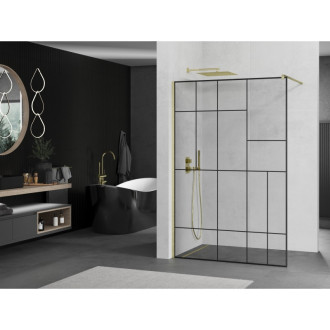 Mexen Kioto Walk-in sprchová stěna 100x200, černý vzor, broušené zlato 800-100-101-55-78