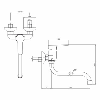 Zuna dřezová baterie nástěnná 100 mm s ramínkem trubkovým pr. 18 mm - 200 mm CB301A01Z