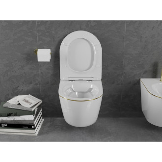 Mexen Lena rimless WC + SLIM soft-close sedátko, Duroplast, bílo/zlatá linka 30224005