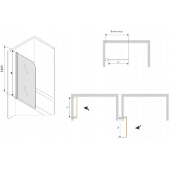 Mexen Vega vana 180x80cm panel + zástěna 70 cm, průhledná, černá 550118080X9007017000
