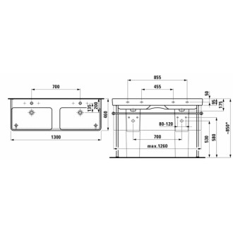 Dvojumyvadlo Laufen Pro S 130x46 cm dva otvory pro baterii H8149684001041