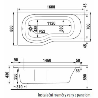 Speciální vana Jika Tigo 160x80 cm akrylát pravá H2222100000001
