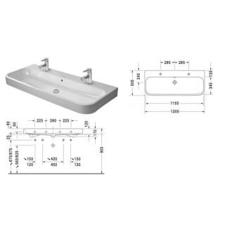 Umyvadlo Duravit Happy D.2 120x50,5 cm se dvěma otvory pro baterii 23181200261