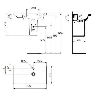 Umyvadlo Ideal Standard Connect Space 70x38 cm odkládací plocha vlevo E132701