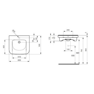 Bezbariérové umyvadlo Ideal Standard Contour 21 60x55,5 cm otvor pro baterii uprostřed S238901