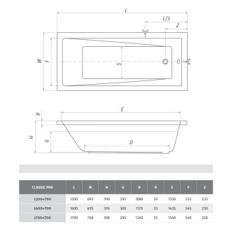 Obdélníková vana Roth Classic Pro 160x70 cm akrylát levá i pravá 9050000
