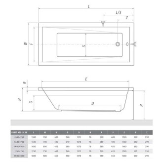 Obdélníková vana Roth Kubic Neo Slim 180x80 cm akrylát levá i pravá 9340SLM
