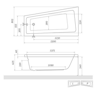 Asymetrická vana Roth Eva Side 150x80 cm akrylát pravá 9790000