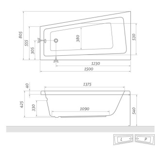 Asymetrická vana Roth Eva Side 150x80 cm akrylát pravá 9790000