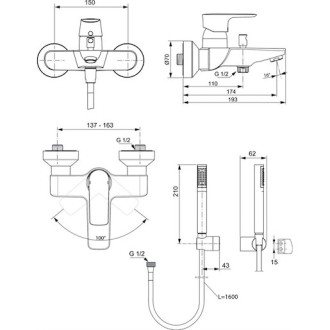 Vanová baterie Ideal Standard Connect Air se sprchovým setem 150 mm chrom A7056AA