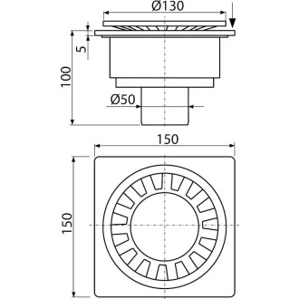 ALCA  APV16 Podlahová vpust 150×150/50 mm přímá, mřížka šedá, vodní zápachová uzávěra